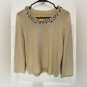 Ruby Rd. Gold Shimmer Sweater Embellished With Rivets, Size Petite Medium